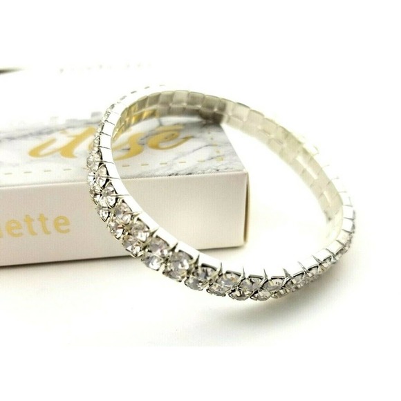 Silver Stretch Bracelet with 2 Rows of Rhinestones - Picture 1 of 3